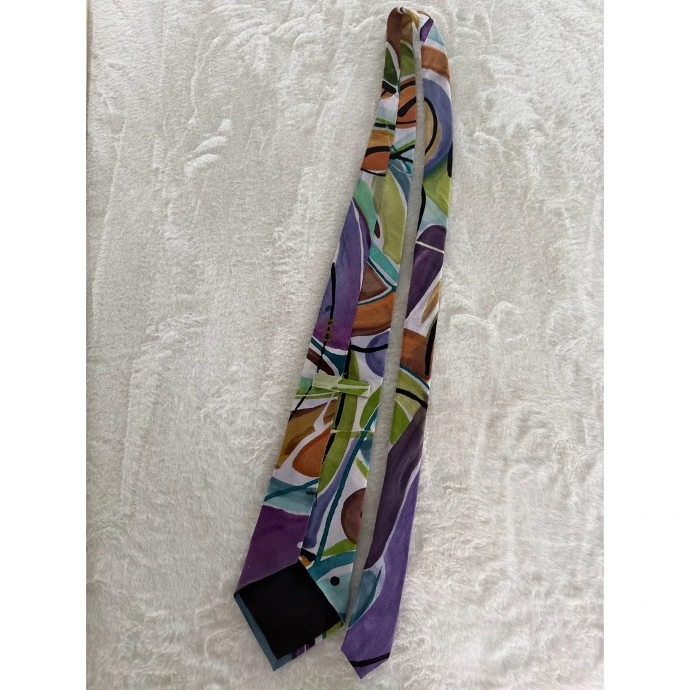Iro Hand Painted Silk Tie Abstract Geometric Multi Color Purple Green Art‎